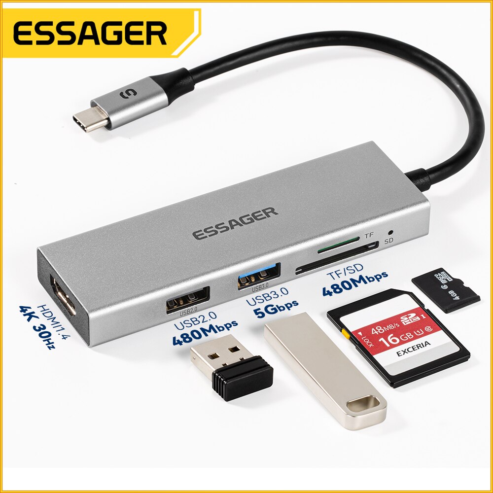 Essager 5 في 1 USB C HUB HDMI- - مراجعة Usb Hub Type C وسعره